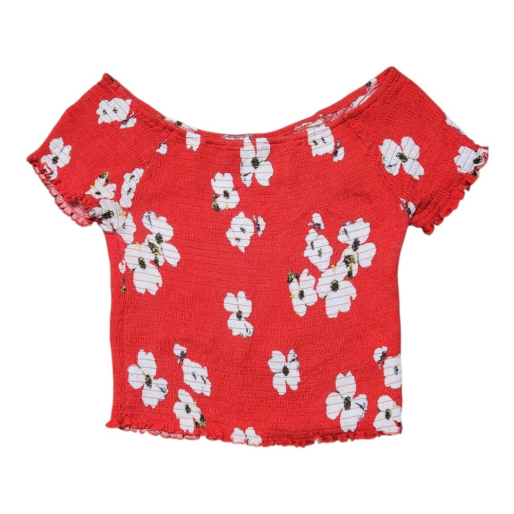 Eyeshadow Crop Top Womens XL Red Floral Excellent Smocked Off Shoulder J6